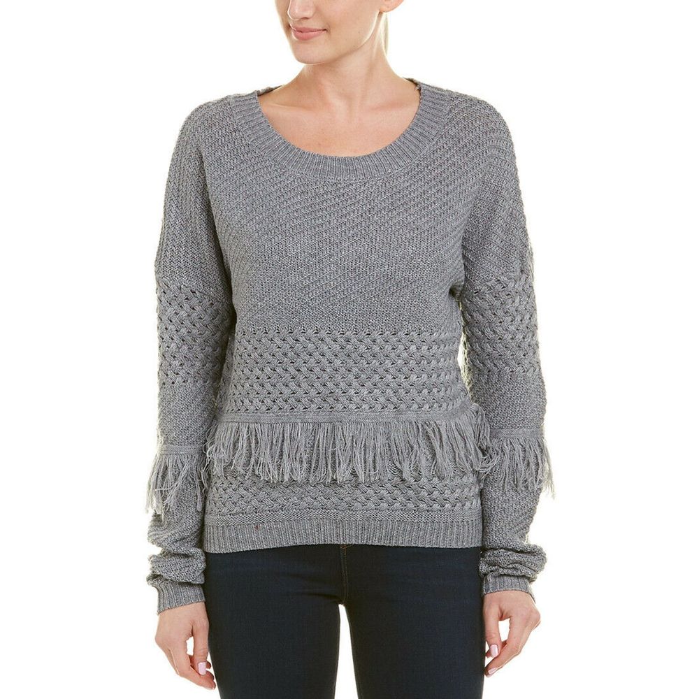 BB Dakota Gray Fringe Crewneck Sweater